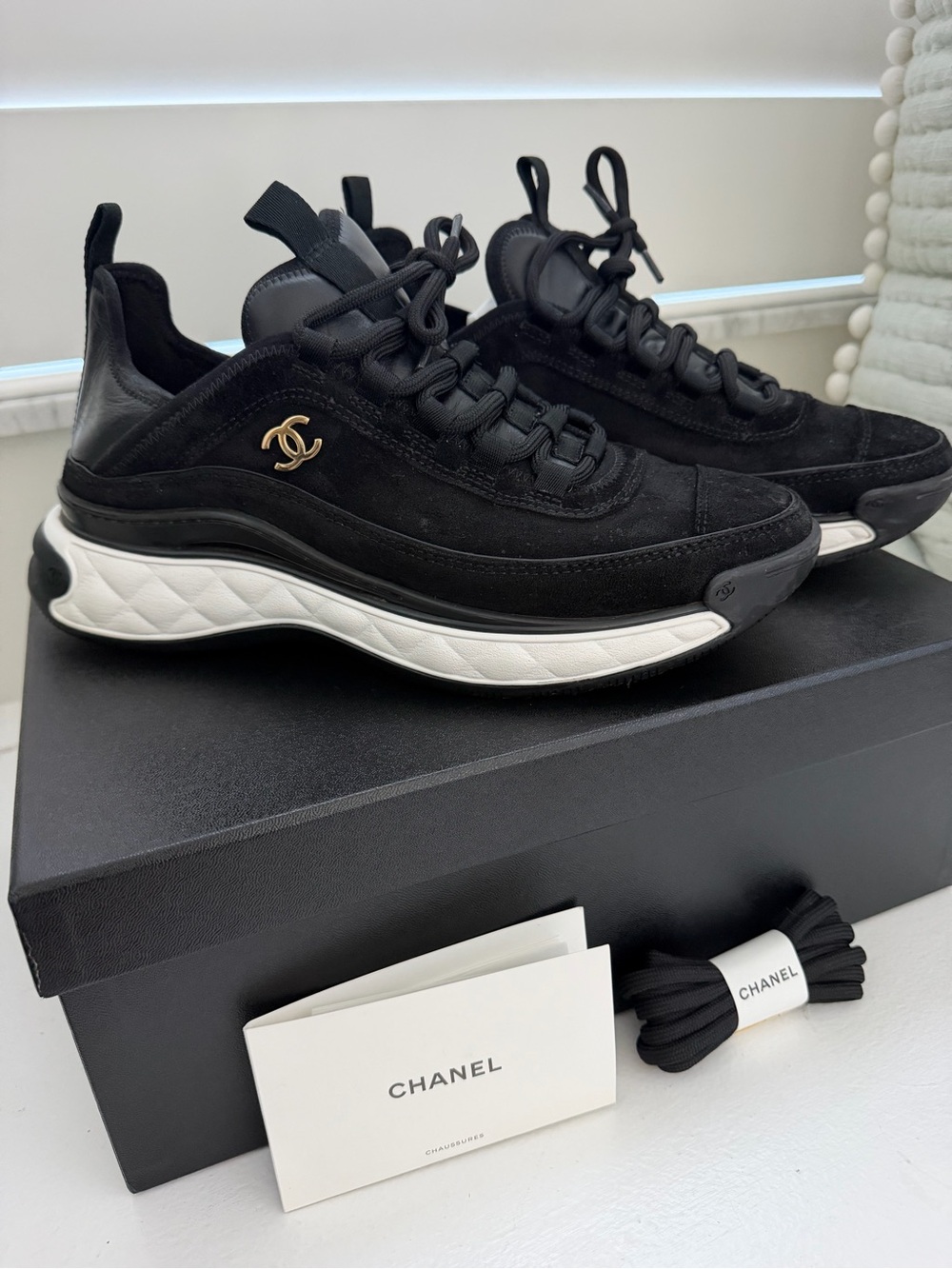 CHANEL Suede Calfskin Mixed Fibers CC Sneakers Black 38.5